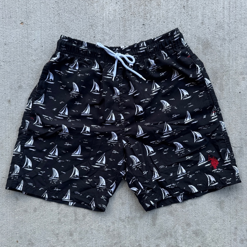 US Polo Assn black sailboat print swim trunks